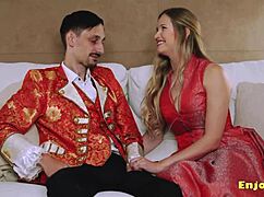 light-haired blonde in leggings with shaved pussy enjoys intense blowjob