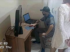 Slutty housewife receives depraved maintenance man for blowjob and cum on ass.