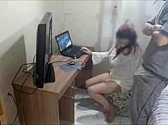 Slutty housewife receives depraved maintenance man for blowjob and cum on ass.