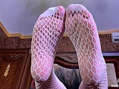 Goddess Foot Teasing In Cute White Fishnets On The Bed