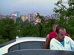 Who will fuck this girl's butt shoved through the car window at the public orgy?