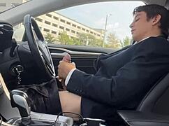 i'm strokin my big ol' dick in the car, feelin so horny