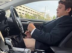 i'm strokin my big ol' dick in the car, feelin so horny