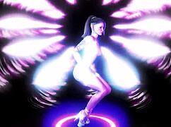 Tattooed elven stripper in sexy white lingerie dances under neon lights.