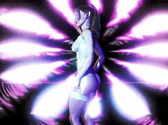 Tattooed elven stripper in sexy white lingerie dances under neon lights.