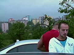 Girls expose asses out car window for public fucking in gangbang orgy.