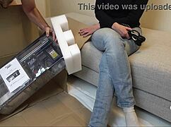 old slave gets fucked in cage by femdom machine during bdsm session