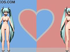 Hatsune Miku in Two Faced Lovers Project Diva nude mod, fully nude with big tits and ass