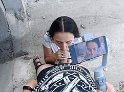 Young brunette demonstrates blowjob skills on huge cock, swallowing cum in pov