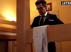 Barbara Bieber, that big-tits brunette, got seduced and fucked by a businessman in the horny hostel