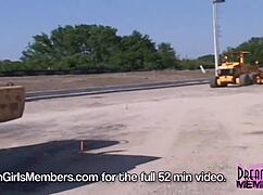 Coed cutie flashing big tits in public park, shaved pussy exposed