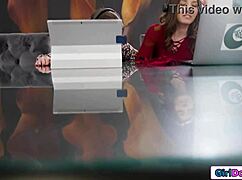 brunette gfs lick and rub each others pussies during a work video call