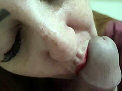 Close-up blowjob and creampie in juicy shaved pussy of mature redhead housewife