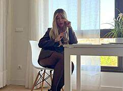 Boss engaged with me in a unique way using a big dick through pantyhose on the work desk