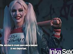 Curvy athletic Harley Quinn receives massage from Superman in parody. They save the world