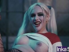 Curvy athletic Harley Quinn receives massage from Superman in parody. They save the world