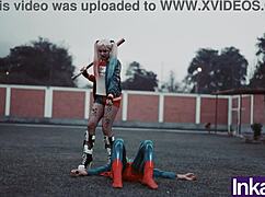 Curvy athletic Harley Quinn receives massage from Superman in parody. They save the world