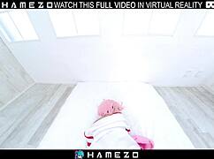 Japanese girl Anna Saotome enjoys gentle interaction with a guy in VR.