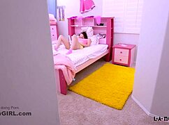 beautiful brunette teen caught watching porn by step-dad on the sofa.