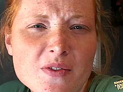 after double penetration, this redhead gets bukkake on her face