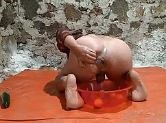 ts peeing in ass with cucumber fruit play stretching