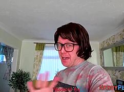 Big tit woman swallows nerd's dick in reality show