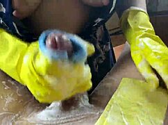 Stepmom milf in kitchen gloves milks my cock till i cum hard