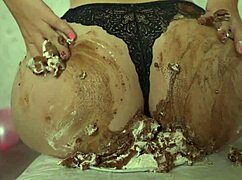 petite brunette cheerleader crushes cake on her perfect ass and tiny tits in lingerie