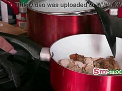 stepmom cooks while stepson fucks her bent over through pant hole for stepdad