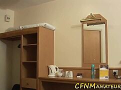 brunette amateur strokes monster cock in cfnm tease