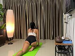 horny milf yoga stretches into every position fuck cum swallow facial from roommate