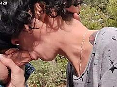 she drops to knees for deepthroat blowjob in the woods then swallows every drop