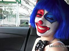 Teen clown hitchhiker gets banged outdoors till messy cumshot