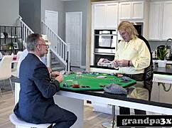 Three old kinky dudes take turns fucking busty young teen after poker game ends.