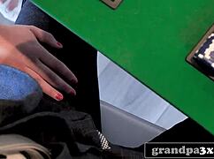 Three old kinky dudes take turns fucking busty young teen after poker game ends.