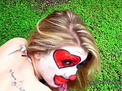 Teen clown hitchhiker gets banged outdoors till messy cumshot
