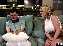 blonde milf stepmom rachael cavalli reveals her pussy to curious stepson