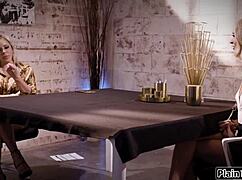 blonde teen licks busty milf boss pussy deep in heated lezdom interview