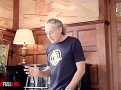 Old man and buddy blast facials on fat shaved pussies!