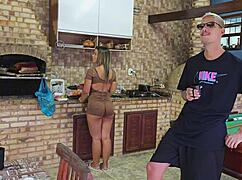 Hubby steps out, so housewife grabs his buddy for some sneaky homemade gaping fun