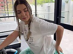 Petite Blonde Liatovar Fucks Gym Stranger Till Creampie in Hairy Pussy