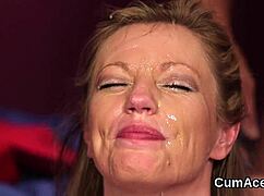 nasty doll slurps jizz loads from blowbang swallowing every facial drop