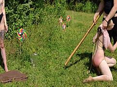 Submissive dancer girl twirls between doms for rough face fucking then golden shower douses her in piss.