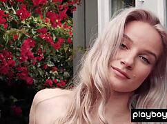 Skinny blonde teen Roxy Shaw strips tiny tits and gets wet outdoors?