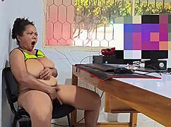 busty milf masturbates office dreaming big cock threesome