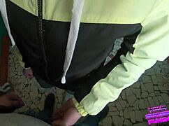 Brunette teen girlfriend sucks huge cock on public staircase swallowing cum mouthful