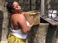 Fat bitch's ass worshipped and monster bbc fucked outdoors laundry day