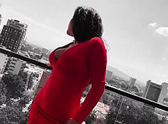 tanned latina model's long nipples bounce during risky balcony fuck with tourist