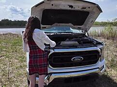 moaning petite student feels wild pleasure in roadside car sex