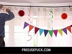 Stepdad bends over hot 18+ teen stepsis for birthday doggystyle anal creampie while she blows him in freeuse threesome taboo fuck